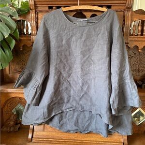 Bryn Walker Boho Coastal Charcoal Gray 100% Linen Blouse Size Large